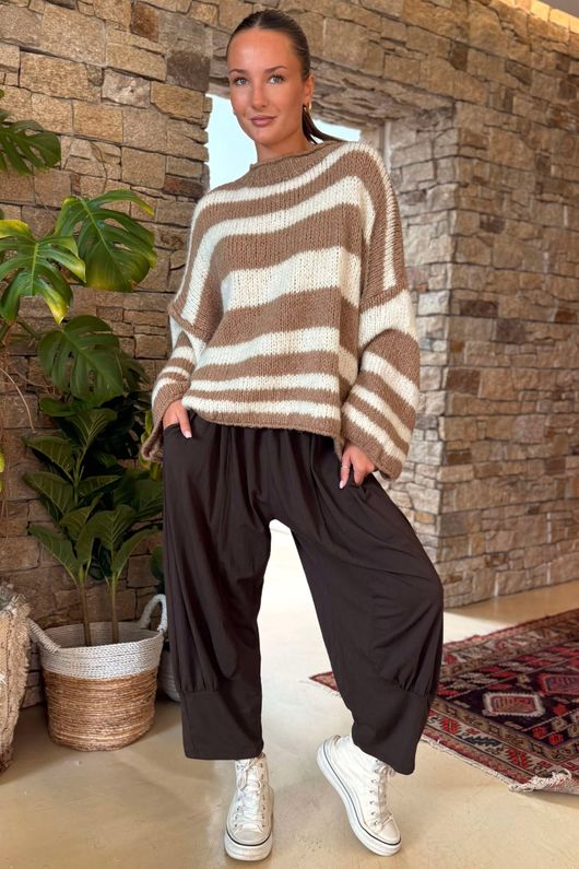 Made in Italy Big Softie Stripe Shortie Knit Toffee -